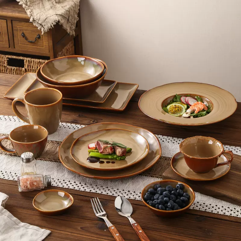 复古碗盘套装 异型大中小碗 日式窑变陶瓷餐具创意酒店牛排盘批发