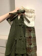 复古森系毛呢拼接格子连衣裙学生新款收腰裙毛衣外套两件套装