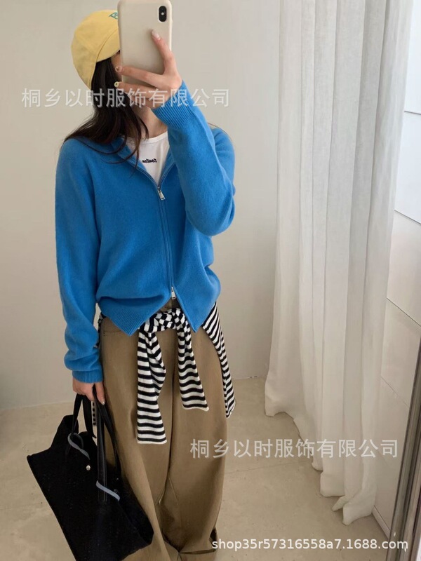 以时 25秋冬新款百分百全羊毛针织小开衫 森系连帽双头连外套 女|undefined