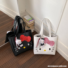 2026新款卡通猫咪亮片蝴蝶结托特包大容量荔枝纹单肩包少女包批发