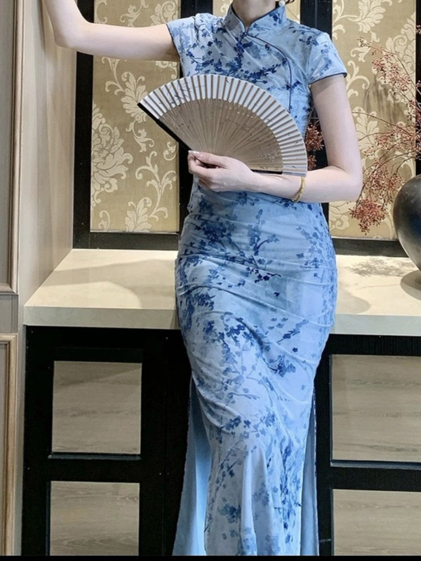 Plum Blossom Chinese Style Retro Modified For Women, Summer Cheongsam Collar Waist-Cinching Dress, 2025 New Model,_ecoleips.com