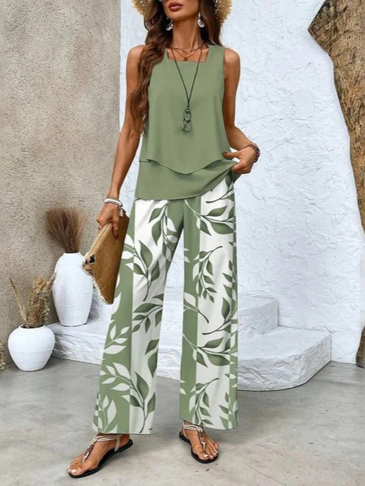 2025 European and American Clothing Amazon Aliexpress Sleeveless Vest Top + Digital Printing Casual Pants Suit