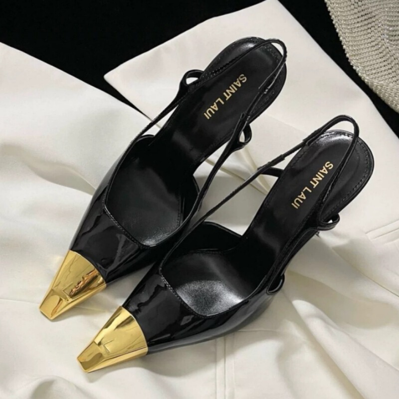 Foreign trade new factory standard European and American style bright gold spell black high heel sandals sexy elegant thin heel sandals a generation of hair Foreign trade new factory standard European and American style bright gold spell black high heel sandals sexy elegant thin heel sandals a generation of hair