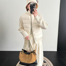 时尚立领羊毛针织袖拼接羽绒服女2025秋冬百搭休闲保暖白鹅绒外套