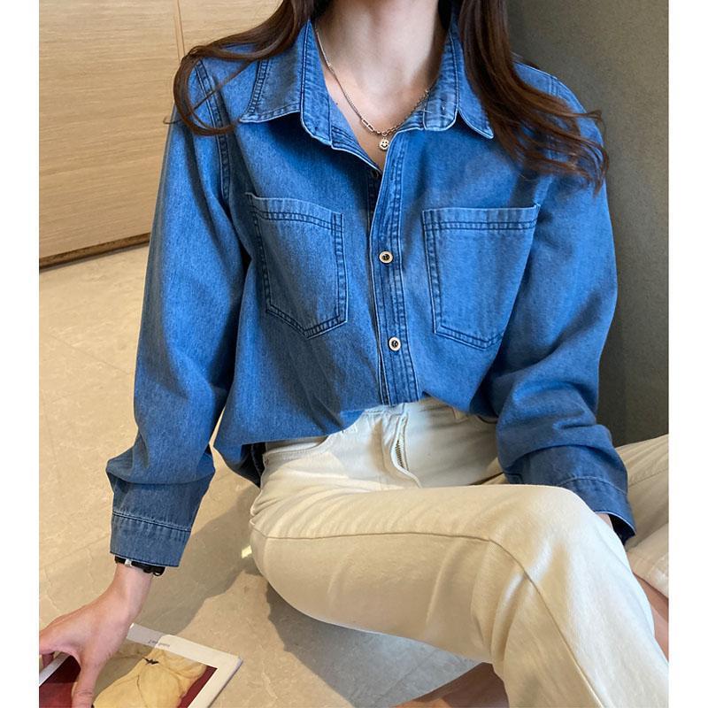 牛仔衬衣外套女春秋2025年新款港风复古小众上衣蓝色内搭叠穿衬衫|undefined