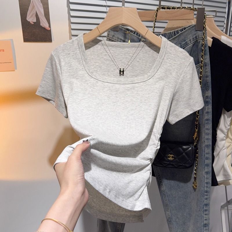 플로럴 그레이 스퀘어넥 반소매 플리츠 솔리드 컬러