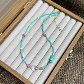 3108新疆松石分碧玺淡水珍珠白水晶铜镀金锁骨链项链短链