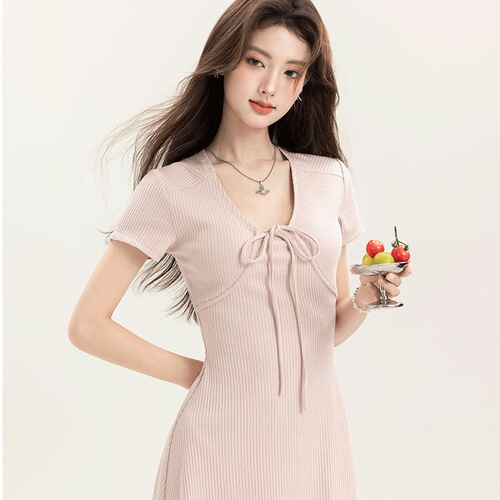 French U-neck solid color patchwork bow tie knitted short skirt 2025 summer short skirt temperament dress