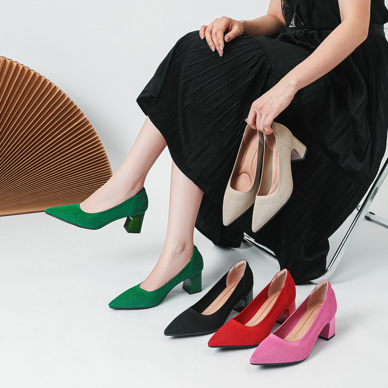 High-Heeled Straight-Patterned Shoes, Fashionable Pointed-Toe Fly-Knit Shoes, Shallow-Mouthed Thick-Heeled Fashion Shoes, Elegant Women's High-Heeled Shoes, Trendy