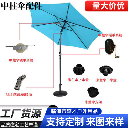 Banana-shaped umbrella accessories, Roman-style umbrella components, umbrella-style barriers, Milan-style umbrella parts, central pole umbrella fittings, and patio/yard sun umbrellas