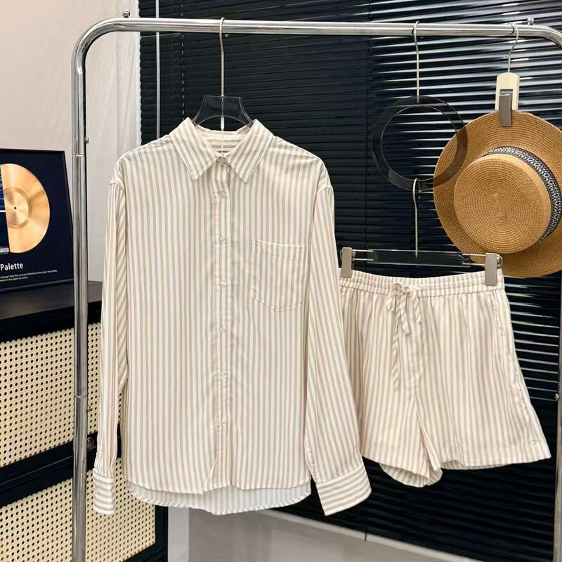 052703 Summer New Style American Retro Personalized Striped Loose Casual Versatile Long-Sleeved Shorts Women's Suit 052703 Summer New Style American Retro Personalized Striped Loose Casual Versatile Long-Sleeved Shorts Women's Suit