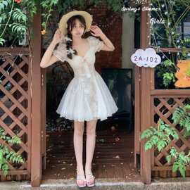 夏日度假风短裙欲白月光气质剪花蓬蓬网纱拼接连衣裙公主裙