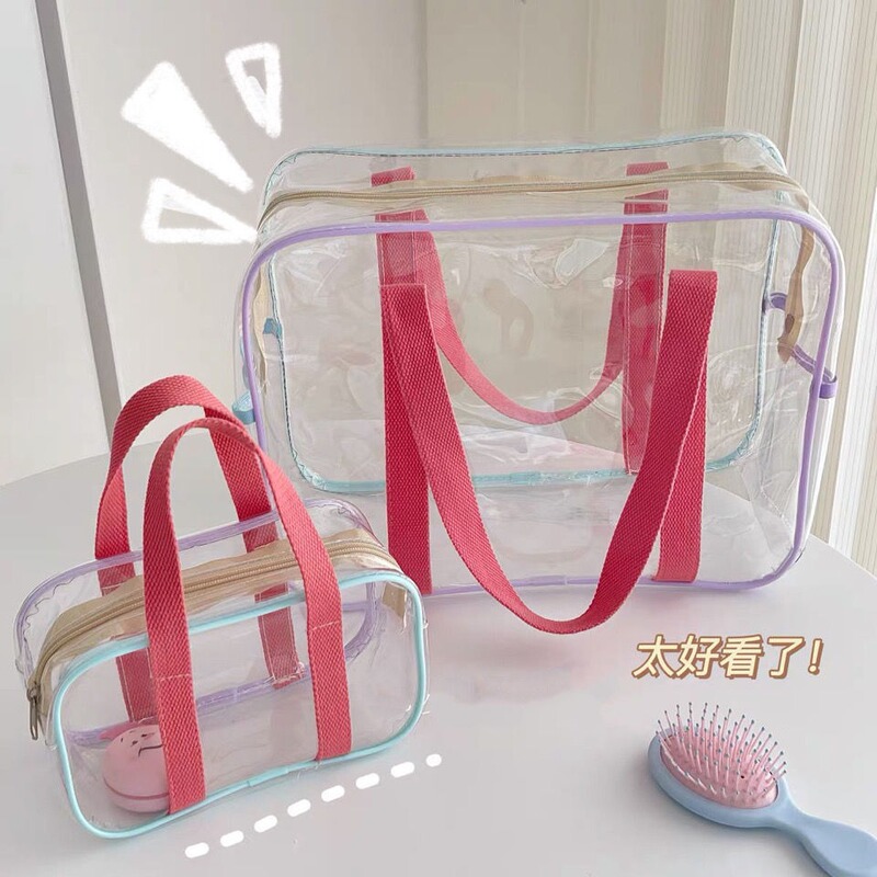 South Korea Cream Color Large Capacity PVC Full Transparent Waterproof Waler Bag Beach Bag Shoulder Bag Storage Bag Wash Bag