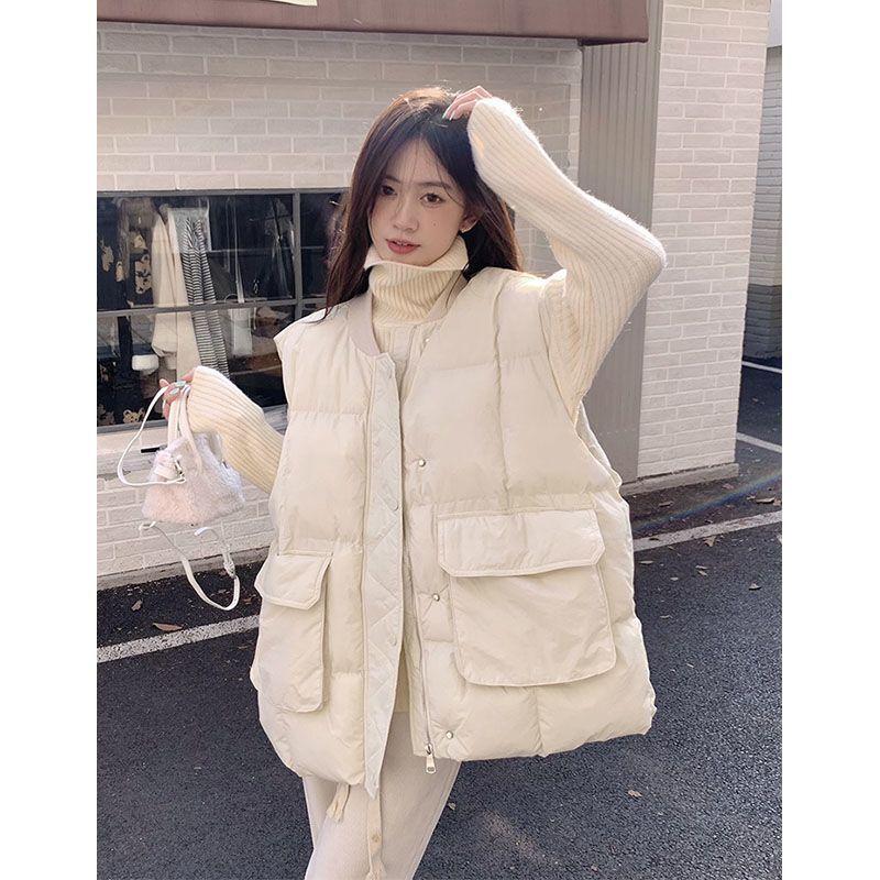 Single-breasted Tooling Cotton-padded Jacket Vest Women's Autumn and Winter 2024 New Korean Style Round Neck Loose Sleeveless Cotton-padded Jacket