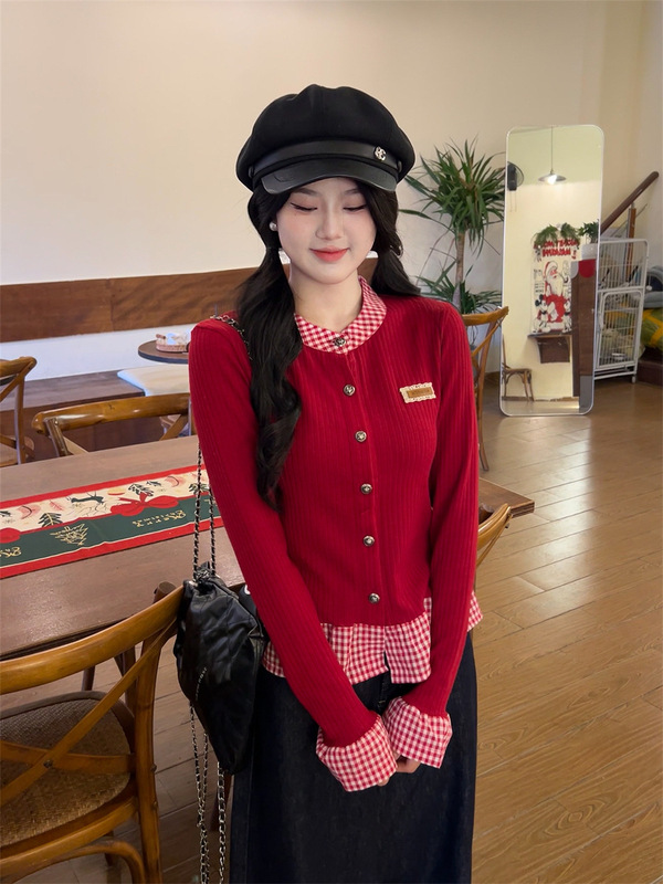 氛围感格子拼接假两件长袖针织衫女韩系修身百搭上衣2025早春新款|undefined