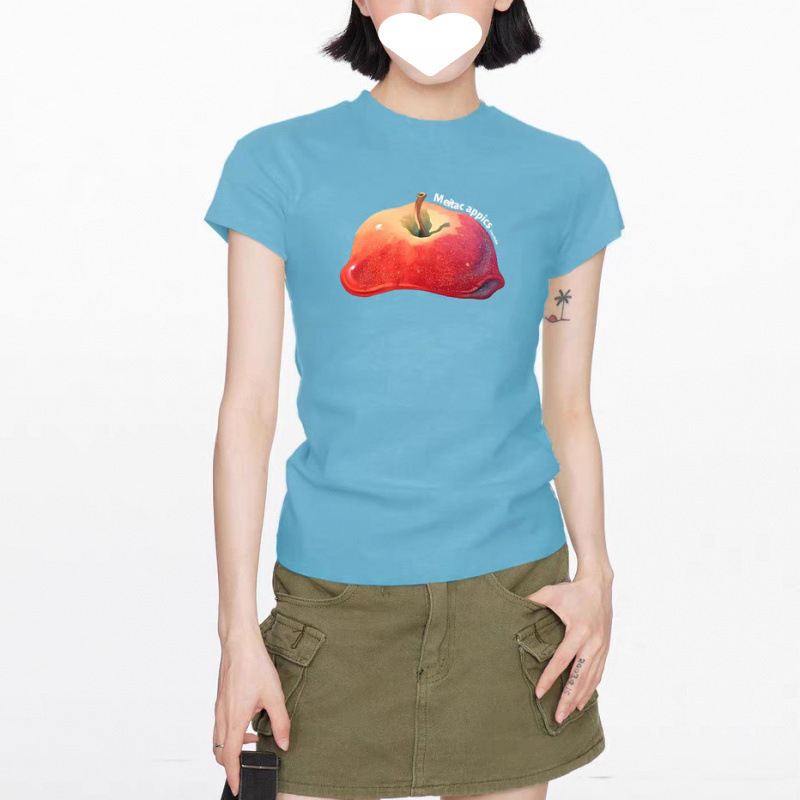 コットンショルダーアップルプリントスリム半袖Tシャツ2025新しい夏シックなスリムカジュアルイントップトレンディ|undefined