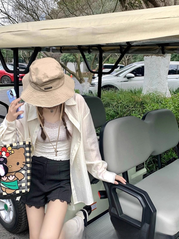 ブルーレースステッチ日焼け止めシャツジャケット女性の夏の小さなシャツカーディガンルーズ長袖トップ|undefined