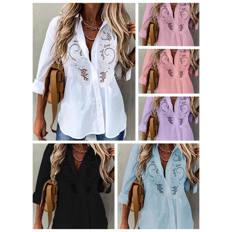 6-color large number of in stock explosions 2025 Amazon Europe and the United States four seasons new casual long sleeve shirt hollow embroidery workers