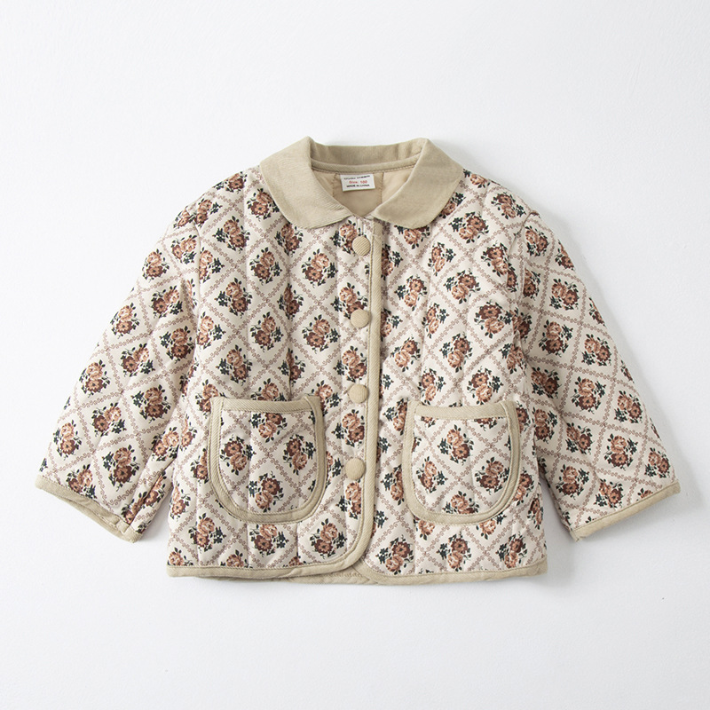 Retro Style Girls'Cotton-padded Coat Winter Thickened Quilted Children's Style Coat Baby Outer Cotton-padded Jacket