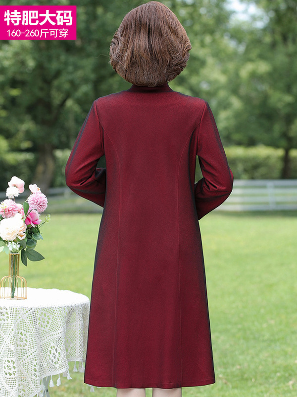 中高年太ったお母さんの秋服のワンピースはスカートの大きいサイズの婦人服の結婚式のお母さんのドレスの赤い春と秋を着ます。|undefined