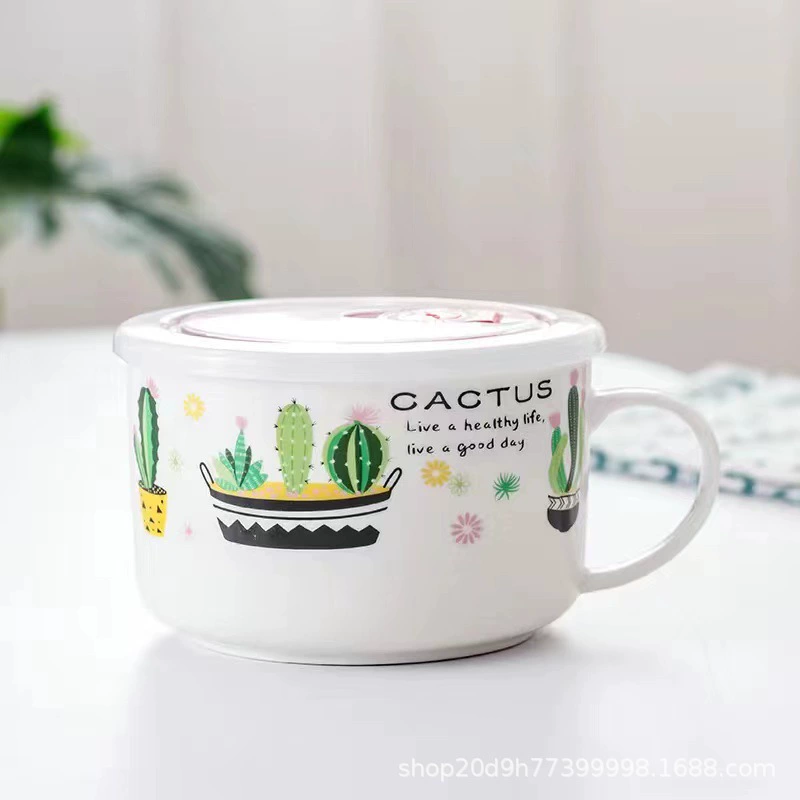 Microwave ceramic noodle bowl with lid and handle, 5.25″ and 6″, cute printed designs