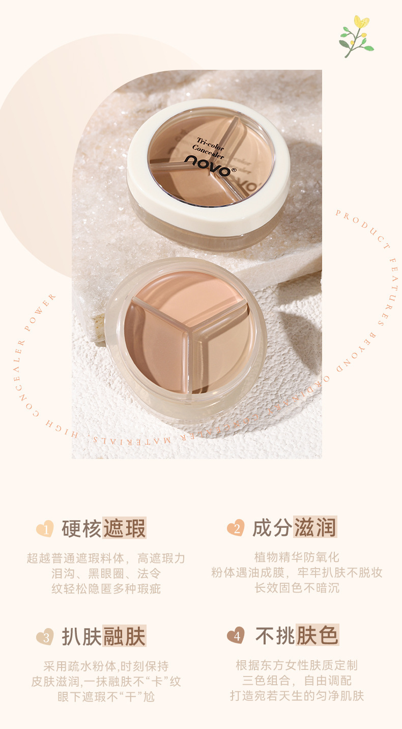 novo Pure and Light Three-Color Concealer Hydrates and moisturizes without powder clog, covering acne marks, spots and tear troughs. Concealer palette undefined