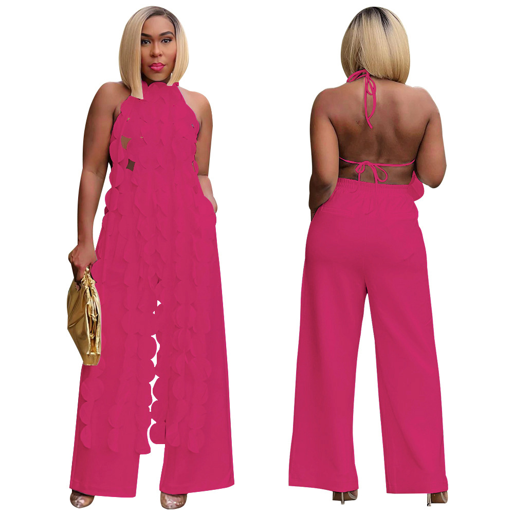 591g Weight Sleeveless Sleeve Length Spandex, Polyester Fabric Type Pant Co-ord Set Sets Type 2 Pieces Set Quantity Holiday, Street Occasion Halter Neck Neckline Loose Fit Type Solid Color Pattern Summer Season Women's Gender Backless Design Sexy, Streetwear Style Holiday Street Women's Sexy Streetwear Solid Color Spandex Polyester Backless Pant Co-ord Set Pants Sets 43