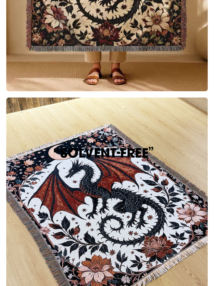 Copridivano in tessuto con nappa di drago in stile medievale Qin Che, coperta funzionale in jacquard da campeggio_voghion.com