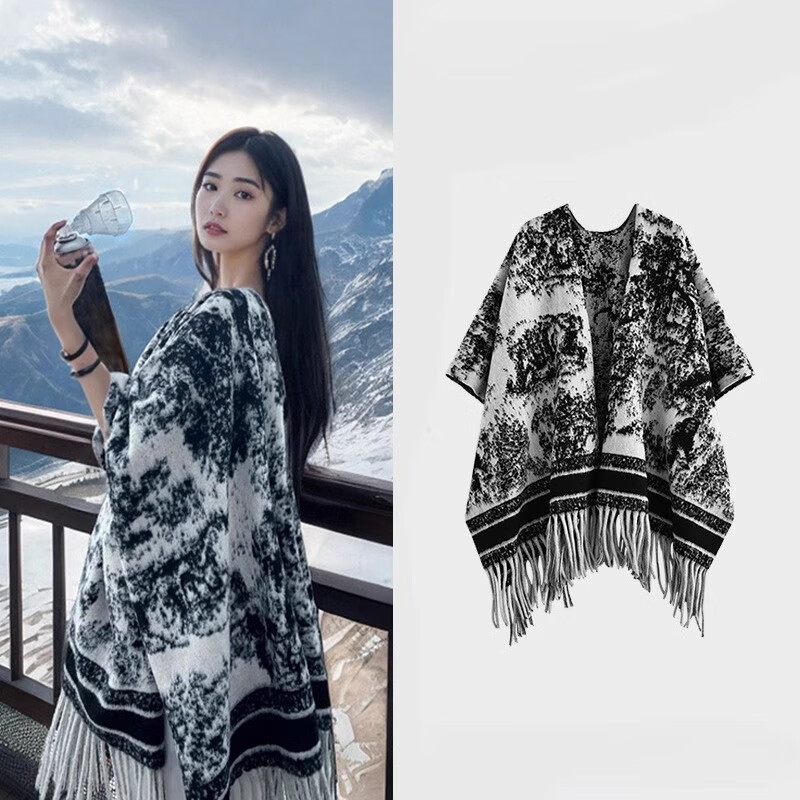 Ethnic Style Landscape Painting Shawl Cloak Coat Blanket Thickened Tassel Warm Scarf for Women Vintage Ethnic Style