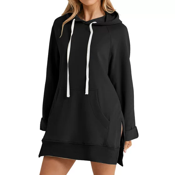 2025 Amazon European and American Cross-Border Export Autumn and Winter New Women's Pure Color Hooded Mid-Length Sweatshirt in Stock