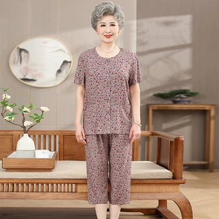 妈妈装夏装棉绸套装中老年人女装短袖开衫60岁70老太太绵绸奶奶装