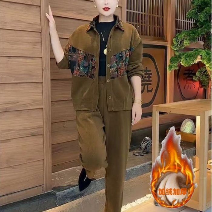 中老年翻领外套运动套装女秋冬宽松休闲洋气妈妈装国风加绒两件套|undefined