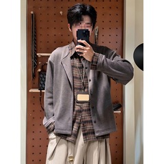假两件拼接衬衫领针织衫秋季美拉德咖色开衫外套男生修身痞帅上衣