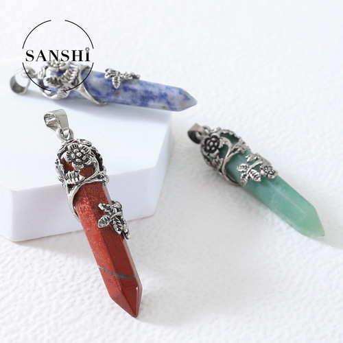 Cross-border supply of natural stone crystal rose hexagonal column pendant plum blossom pattern bullet hexagonal cone pendulum