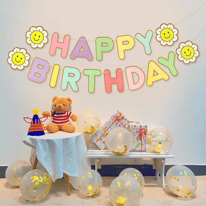 Sunflower pequeña margarita dibujo de bandera de cumpleaños macaron dibujo de bandera de papel dibujo de flores decoración de cumpleaños de bandera de dibujo de bandera