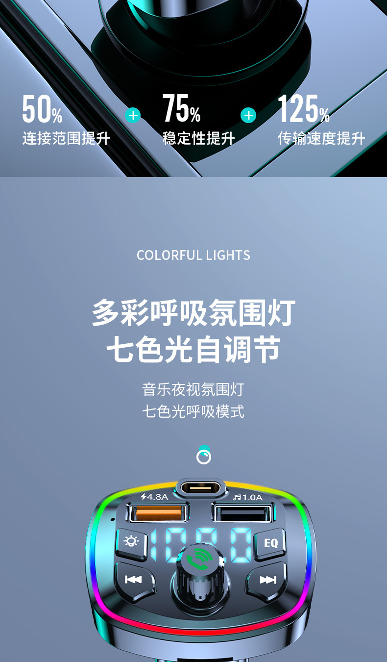Cross-Border E-Commerce Manufacturer Direct Sales Car Bluetooth Mp3 Player Hands-Free Call Voice Broadcast Pd Fast Charging U Disk