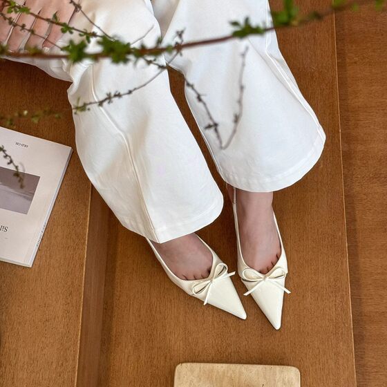 elingstudio is so beautiful!! Nude Pointed Bow Shallow High Heels Women's Spring Empty Sandals