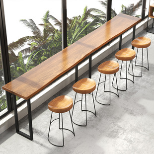 Solid Wood Leisure Iron Bar Tables and Chairs Milk Tea Shop Bar Table Coffee Shop High Table Window Balcony Long Table and Chairs
