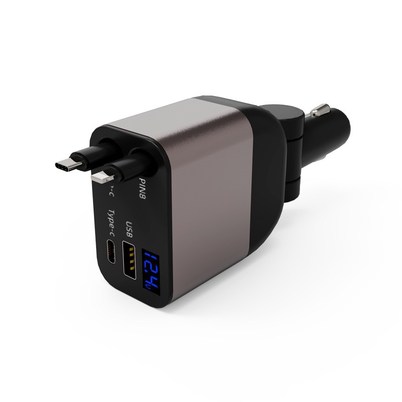 Cross-border dedicated digital display car charger metal support 100 watts super fast charging cigarette lighter telescopic line car charger