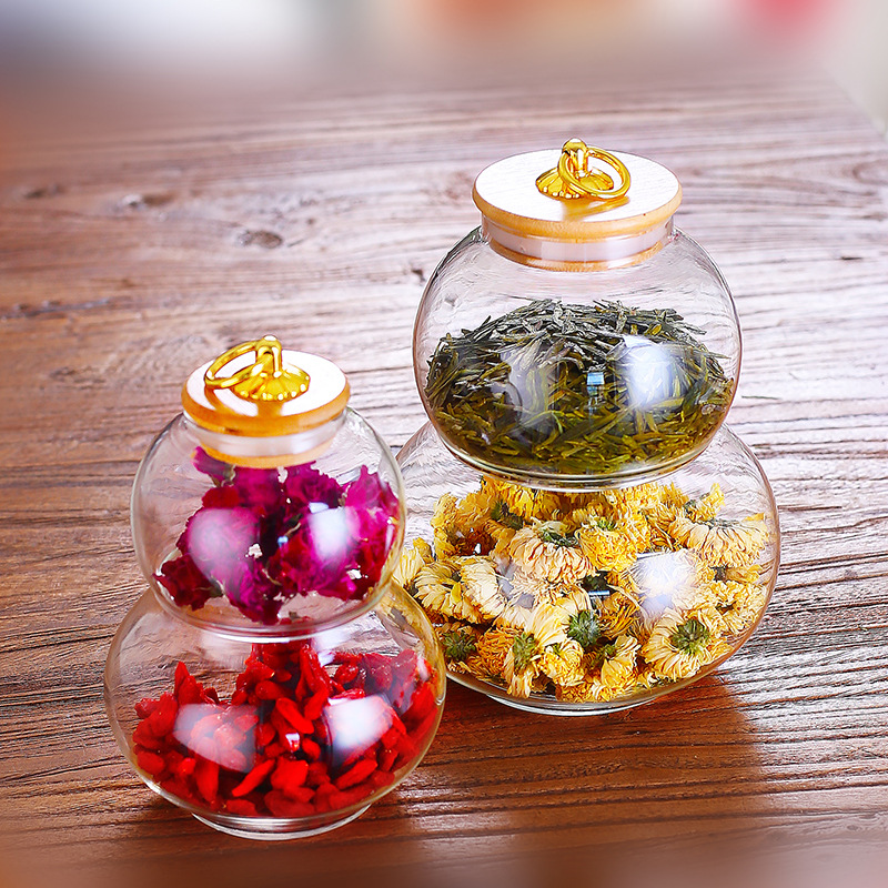 High borosilicate glass gourd-shaped storage sealed tank metal pull ring wooden lid transparent glass dried fruit grains storage tank