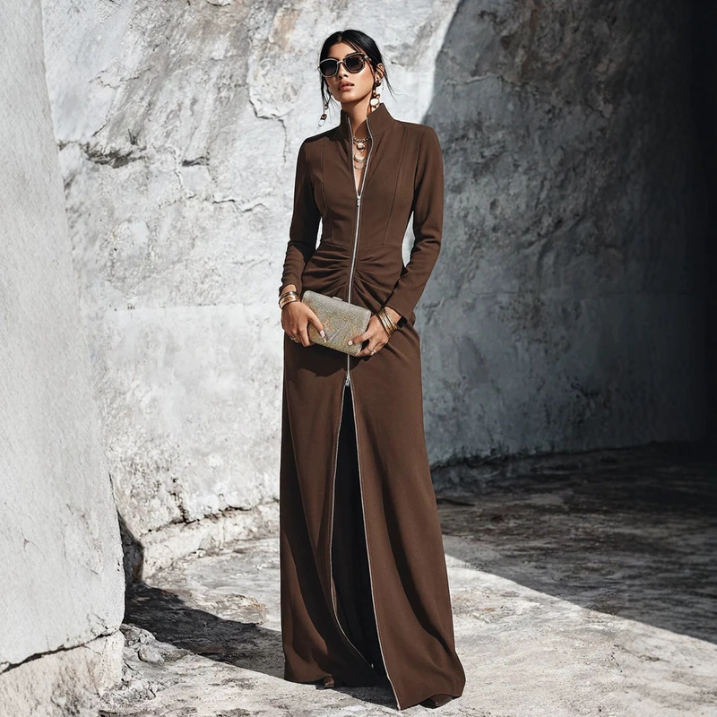 2026 cross-border European and American Amazon autumn and winter new arrivals: elegant solid-color, stand-up collar, zip-up, long-sleeved dress, fashionable for women