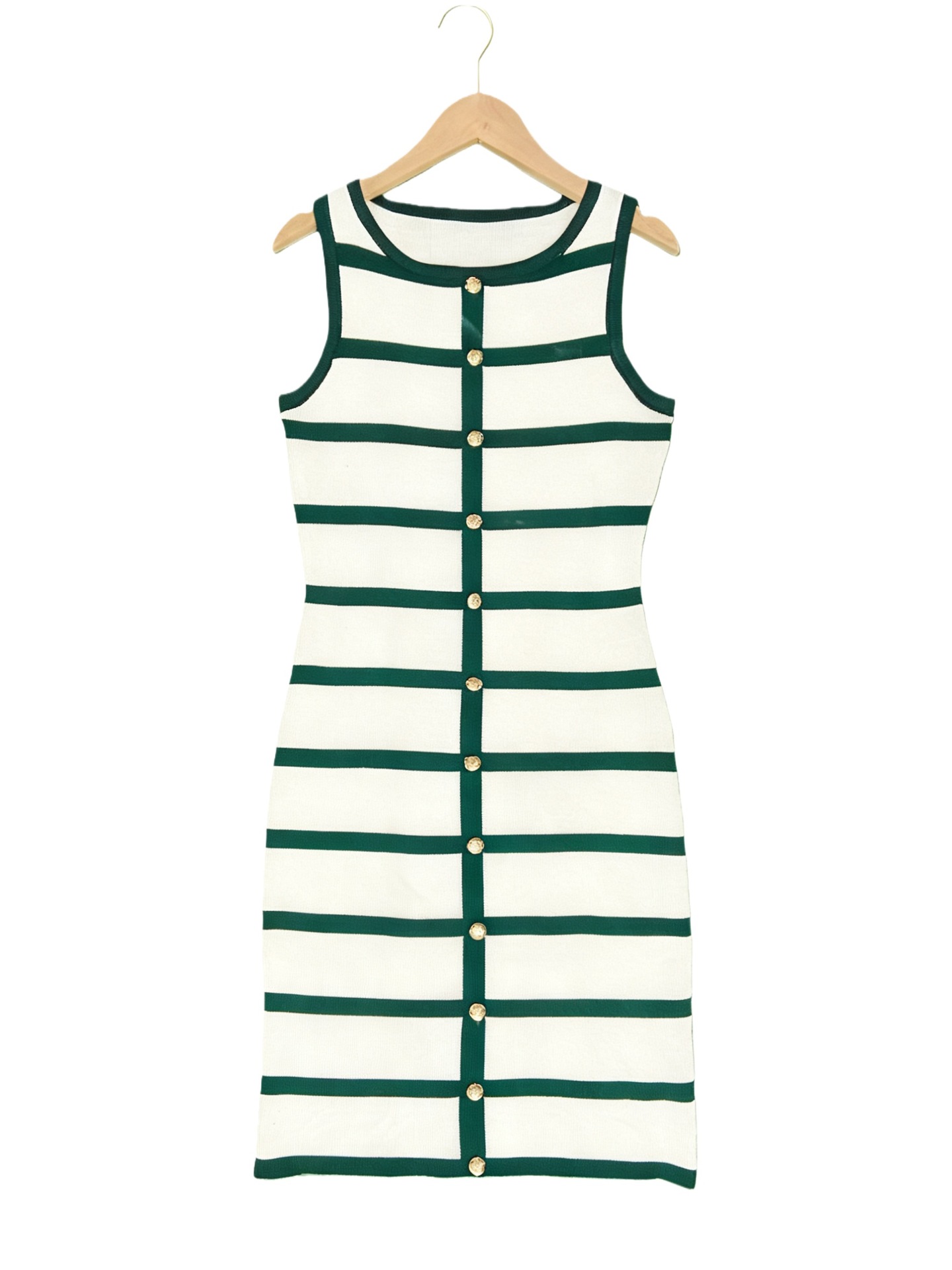 Fashion Striped Sleeveless Knit Dress With Contrast Color & Single Button - Slim Fit, Versatile, Casual & Elegant Women's Dress_ecoleips.com