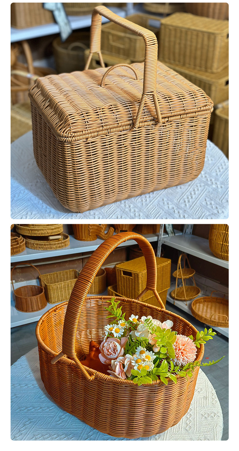 Imitation Rattan Material Solid Color Pattern Casual, Pastoral Style Casual Pastoral Solid Color Imitation Rattan Storage Basket