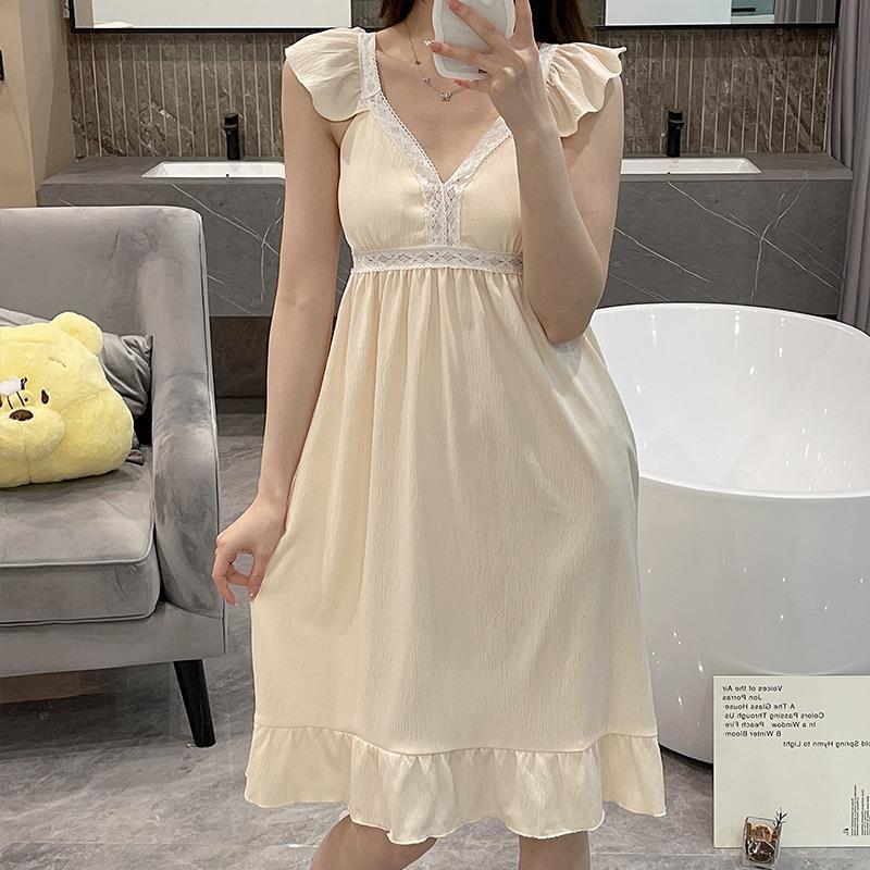 2023 verano pijamas lindo dulce crepé camisón niña con pecho encaje chaleco falda desgaste del hogar