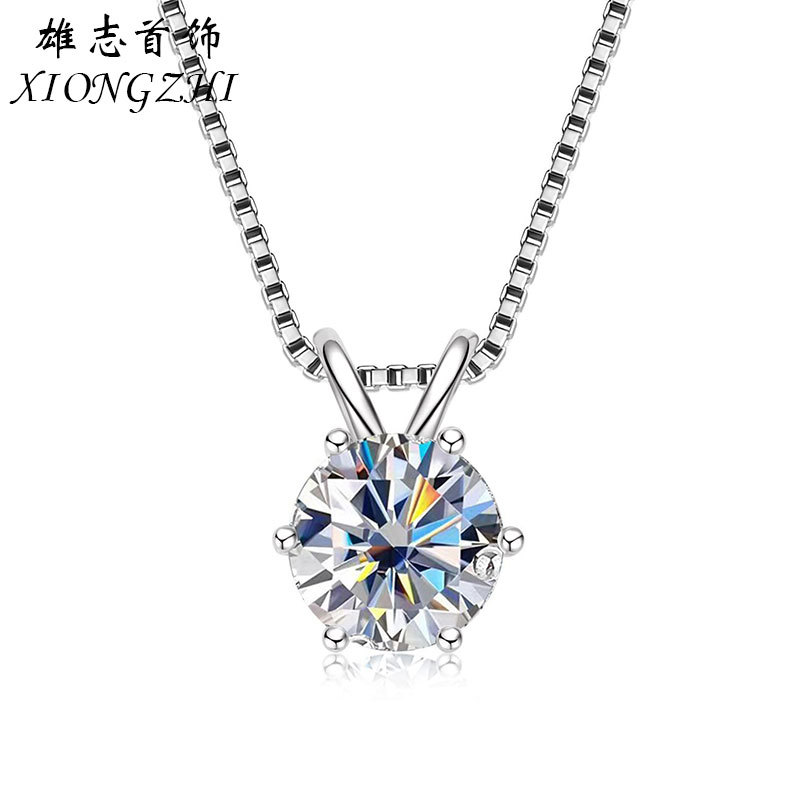Manufacturer Wholesale S925 Sterling Silver Moissanite Necklace for Women, Japanese and Korean Simple Classic Rabbit Ear Six-Claw Pendant Clavicle Chain