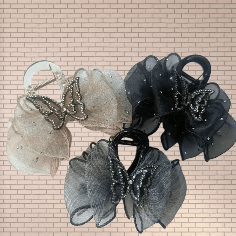 甜美網紗泡泡抓夾蝴蝶結髮夾女2024新款鯊魚夾子半扎發卡夏季頭飾