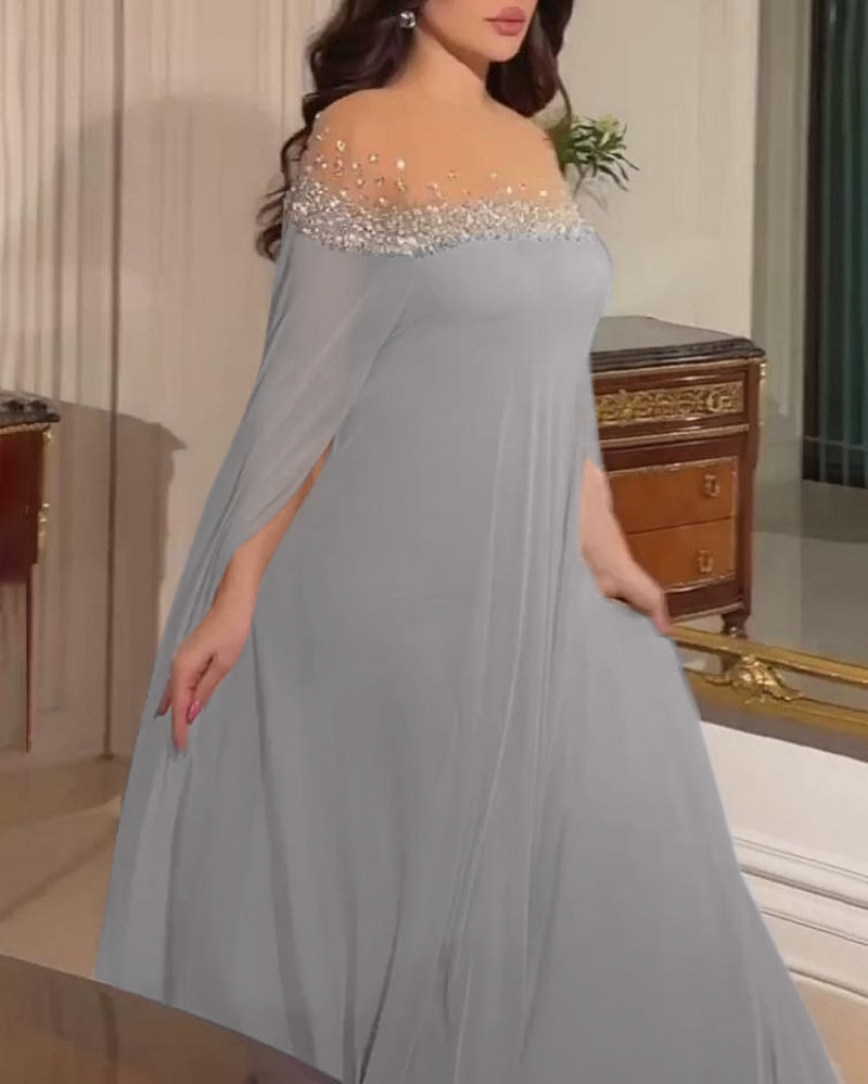 Elegant aftenkjole for damer med perler og stein i chiffon_voghion.com