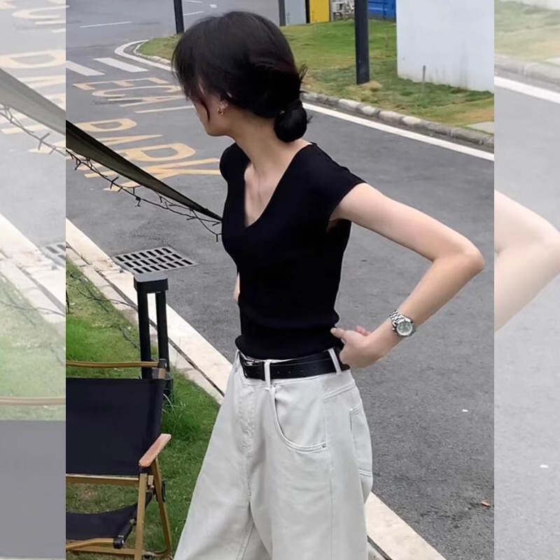 Black Short-Sleeve Regular Shoulder T-Shirt for Women, Summer 2025 New Style, Elegant and Classy, Slim-Fit, Clavicle-Revealing V-Neck Top