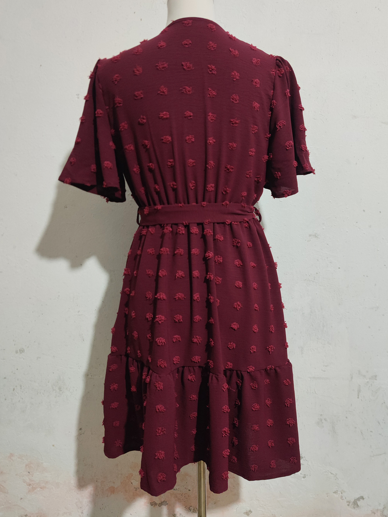 Summer Fur Ball Ruffled Short Sleeve V neck Lace up Waist Tight Dress