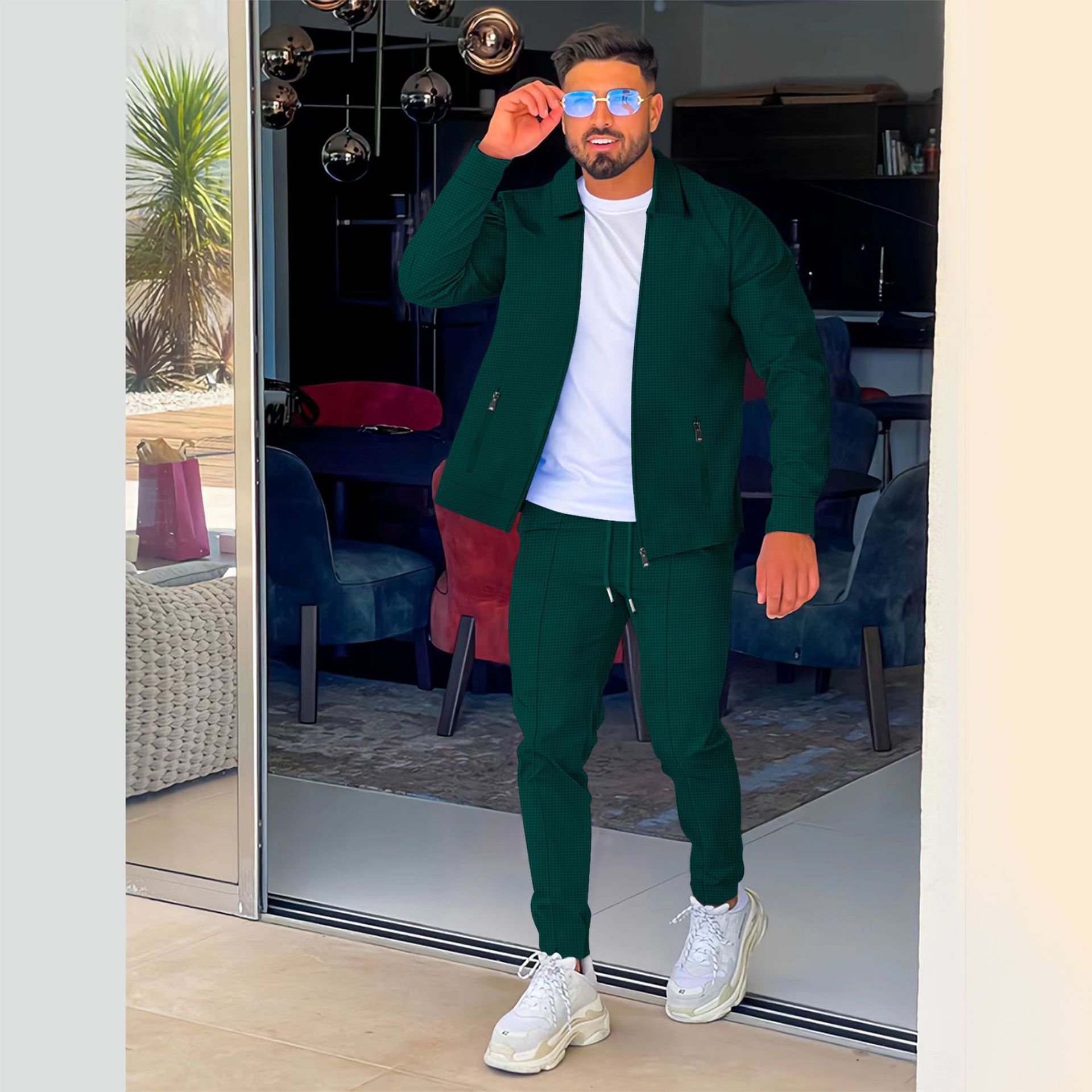 Men's Waffle Solid Color Lapel Casual Outdoor Jacket And Trousers Set Long Sleeved Elegant Basic Polyester Spring Summer Autumn_voghion.com